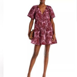 A.L.C. Camila Cotton Printed Mini Dress Pink Burgundy Size 0 Puff Sleeve